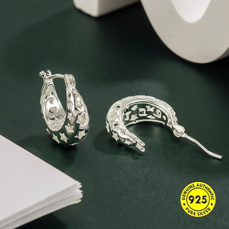 Anting Tusuk Bintang Hollow Sederhana Perak S925 U1810