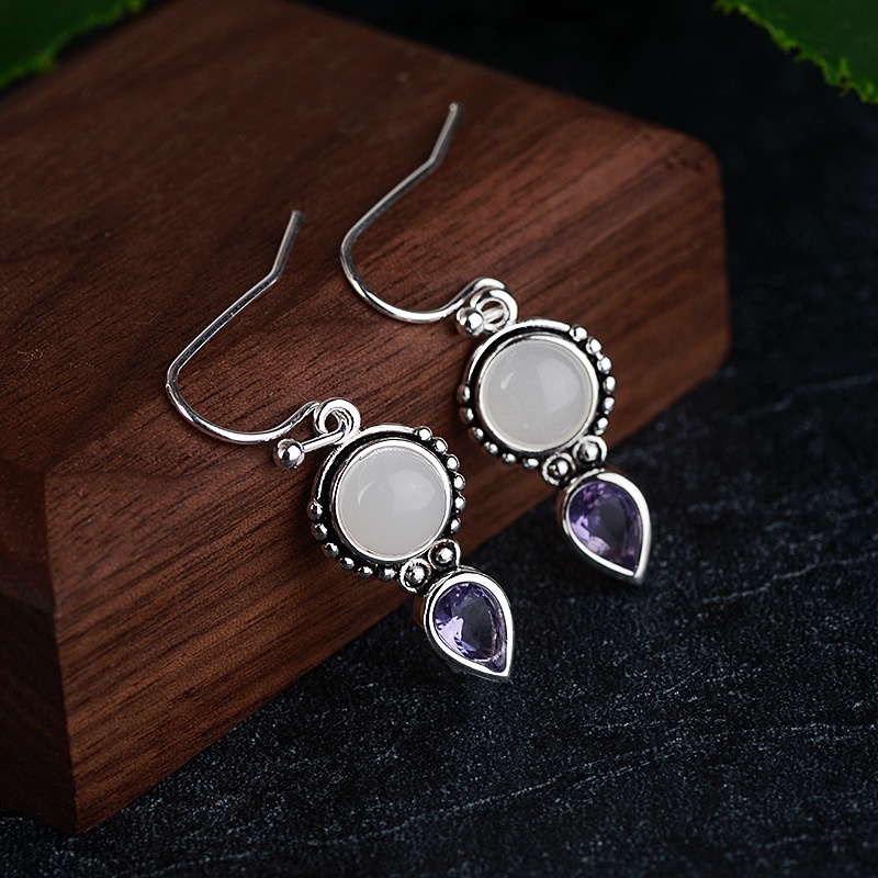 Goldkingdom Aksesoris Perhiasan Fashion Ready Stock Vintage Perak Thai Moonstone Earrings Drop Pear-Berbentuk Amethyst