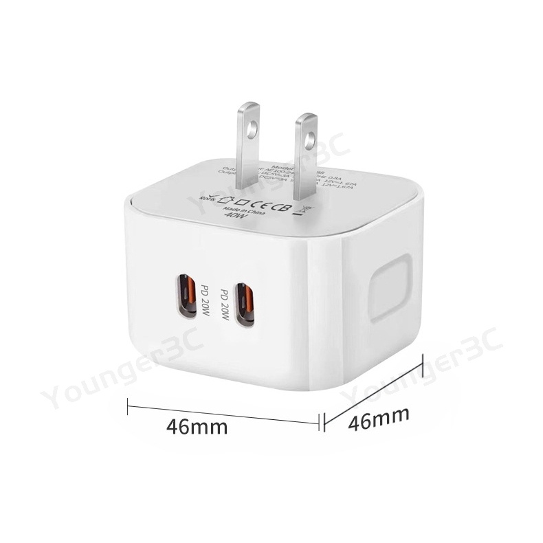 40w PD Dual Line Fast Charging Charger Handphone Tipe C PD Dual Port Flash Charging Travel Adapter Untuk ios Android Tipe C