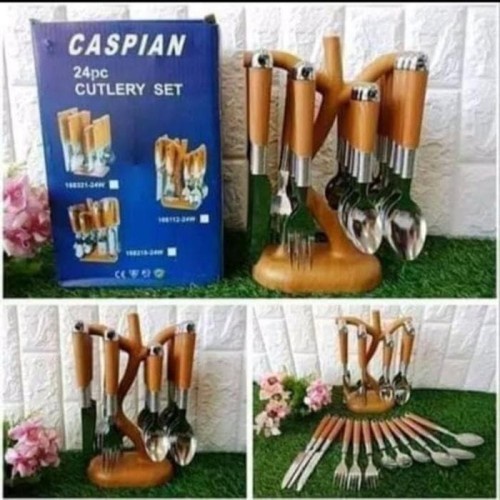 Sendok Set Garpu Makan CASPIAN Bentuk Pohon Motif Kayu Isi 24Pcs