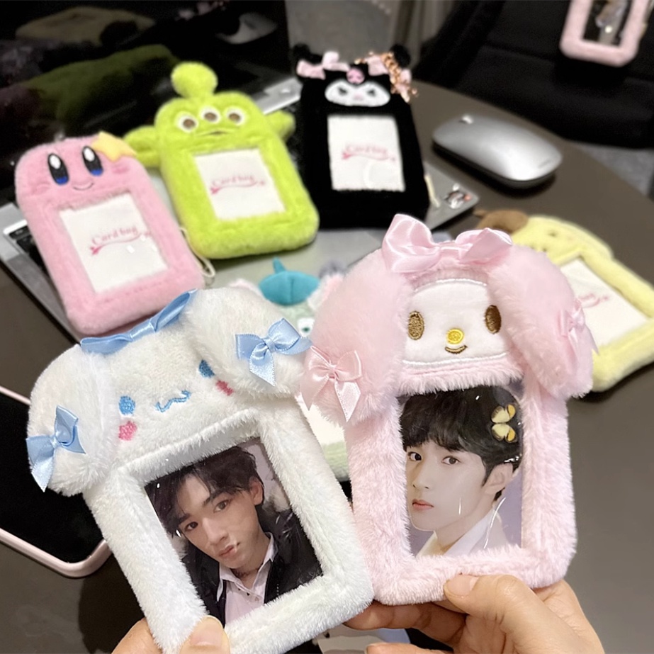 Sanrio Kuromi Plush Photocard Holder 3inch Kartun Bus Card Bag Untuk idol Photo Card Pelindung Case Dengan Gantungan Kunci