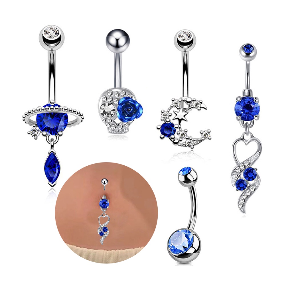 Kristal Biru Shiny Liontin Pusar Tindik Elegan Hati Menjuntai Tindik Pusar Stainless Steel Belly Button Rings