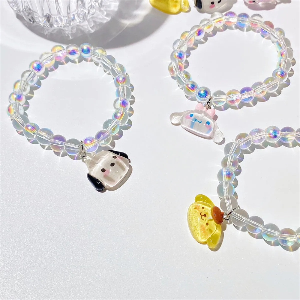 Gelang Manik-manik Kaca Cinnamsanrio Hati Anak Perempuan Gelang Pasangan My Melody Kuromi Perhiasan Gelang Buatan Tangan Manik-manik Batu Bersinar