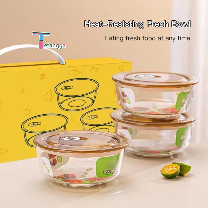 Set Mangkok Kaca Bowl Glass Kimglass  Crisper Kaca Kotak Makan Siang Tertutup Penutup / Paket kotak hadiah