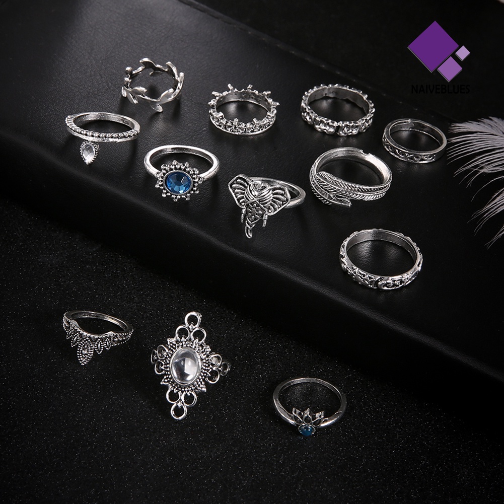 &lt; Naiveblues &gt; 12Pcs Wanita Vintage Boho Faux Gemstone Rhinestone Jewelry Buku Jari Rings