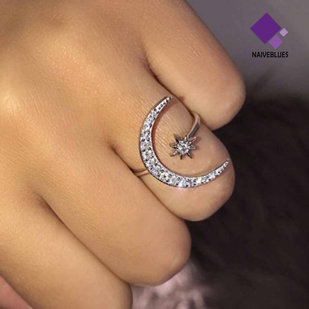 &lt; Naiveblues &gt; Kreatif Bintang Bulan Berlian Imitasi Pembukaan Jari Cincin Wanita Hadiah Pernikahan