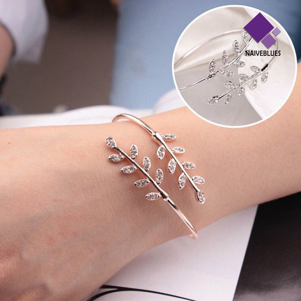 &lt; Naiveblues &gt; Wanita Fashion Berlian Imitasi Hias Daun Pembukaan Yang Dapat Disesuaikan Gelang Bangle