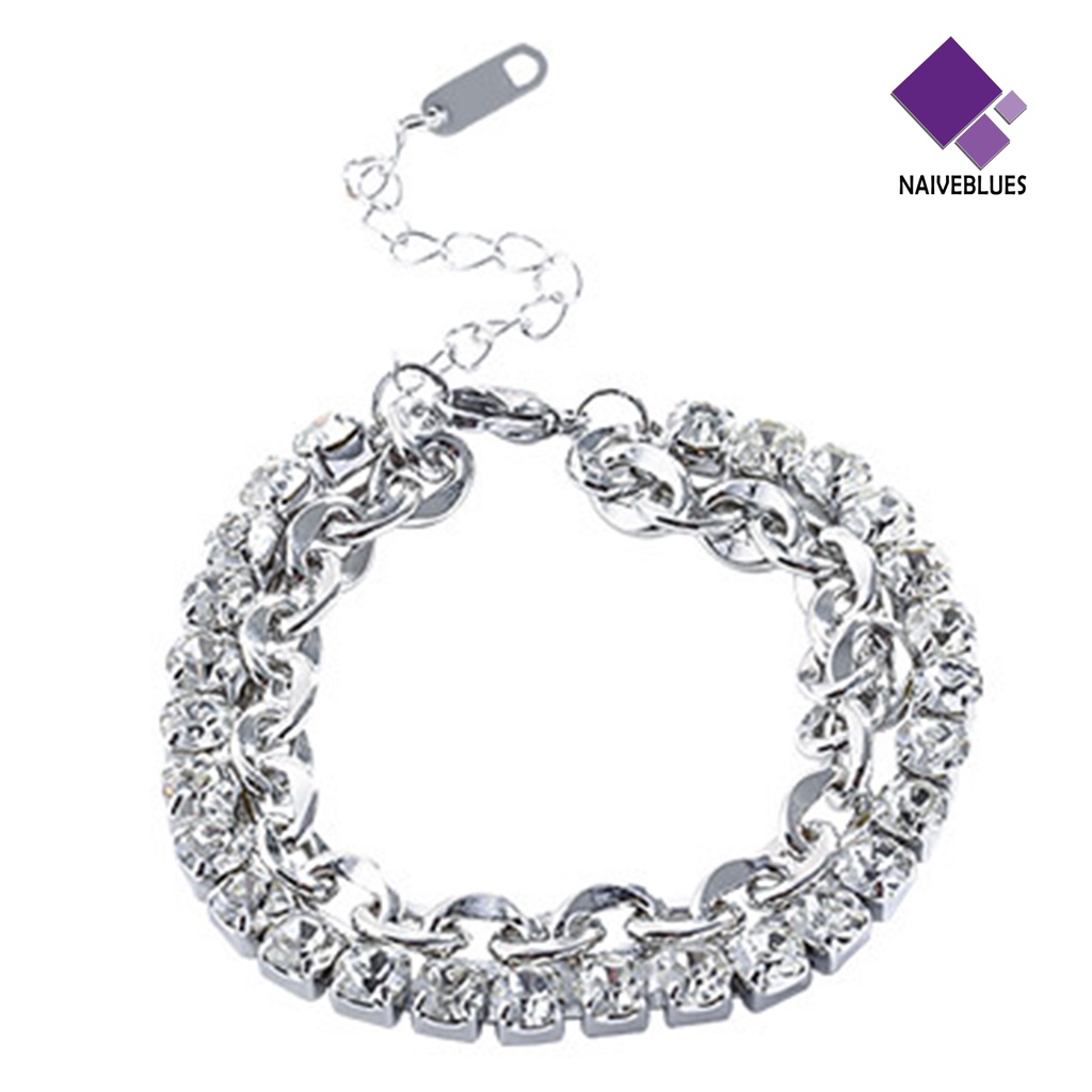 &lt; Naiveblues &gt; Gelang Wanita Kepribadian Adjustable Double Layer Cubic Zirconia Electroplating Anti Karat Tarnish Dainty