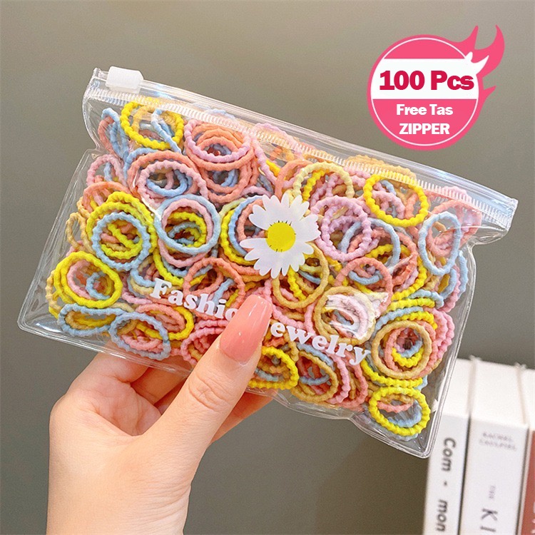 FREE POUCH isi 100 - Ikat Rambut / Karet Rambut Macaron Soft Colour / Kuncir Rambut Korea Warna Warni