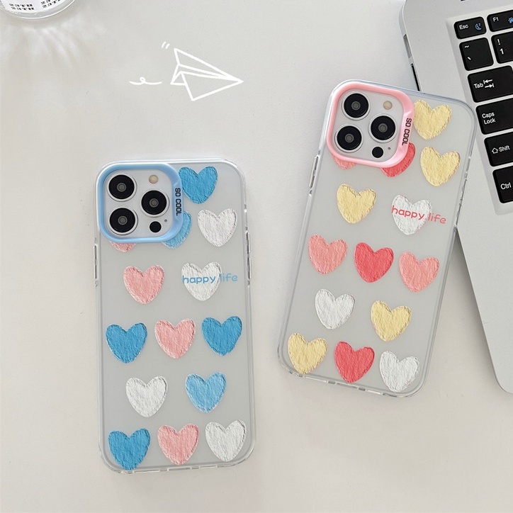 Happy Life Colorful Love Skin Feel Soft Case HP iP iPhone 12 13 14 Pro Max 11 Woman Girl FTD Casing Apple