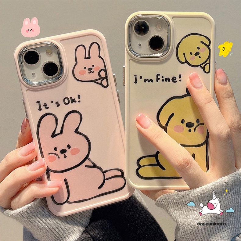 IPHONE Lovers Phone Case Kompatibel Untuk Iphone14 11 12 13 Pro Max7 8 Plus XR X XS MAX Kartun Lucu Lukisan Cat Minyak Cute Dog Rabbit Lembut Mewah Plating Metal Frame Lensa Pasangan Cover