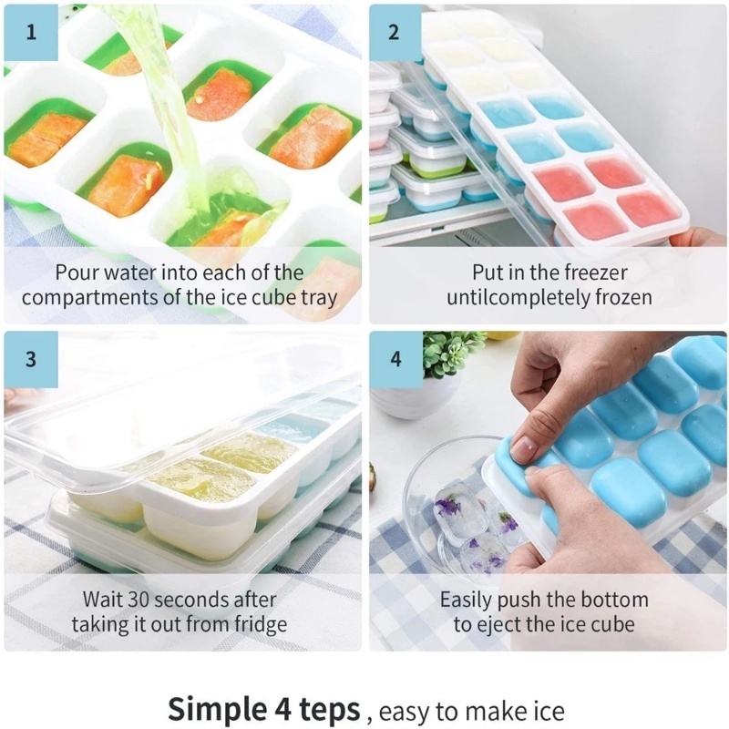 [Unggulan] 14kisi Cetakan Ice Tray Kotak Es Batu Buatan Sendiri Bentuk Es Batu Aksesoris Dapur Alat Cetakan Es Loli DIY Mudah Demoulding Kotak Es Silikon Ice Lattice Dengan Tutup Alas Lembut