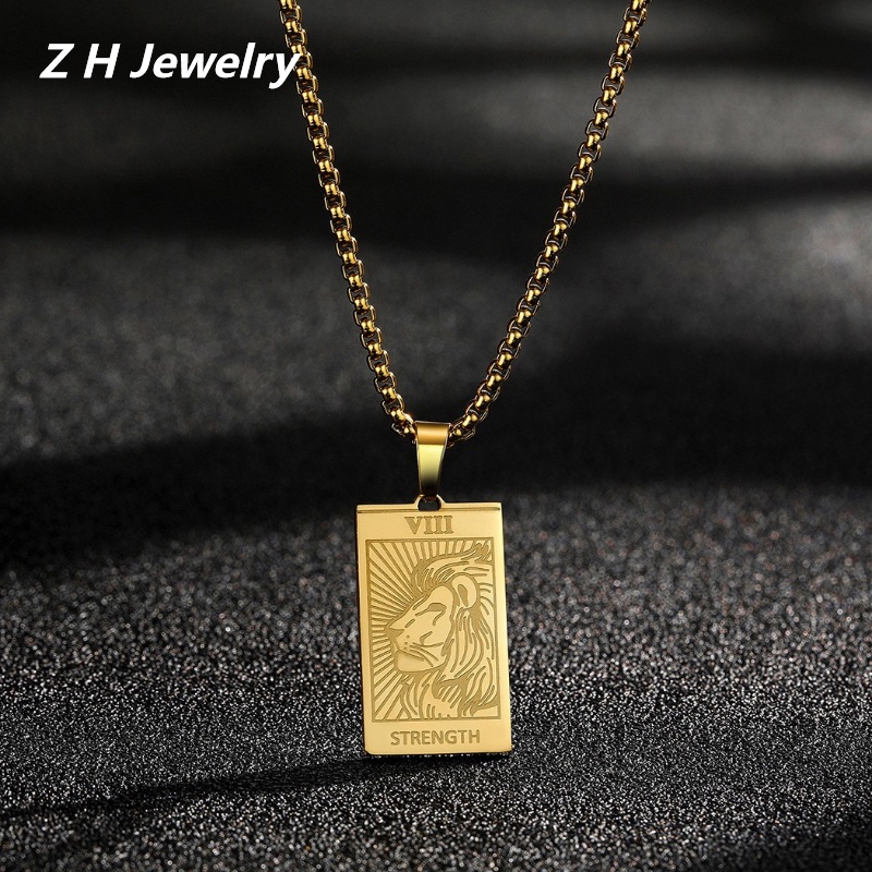 Zh Perhiasan Vintage Stainless Steel Power Lion Tarot Liontin Pria Dan Wanita Fashion Kalung Hip Hop Aksesoris Pesta