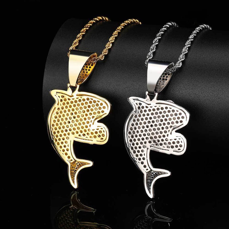 Cubic Zirkon Tinju Hiu Liontin Kalung Warna Emas Pesona Bling Pria Rantai Keluar Neckalce Hip Hop Anime Liontin Pesta Perhiasan