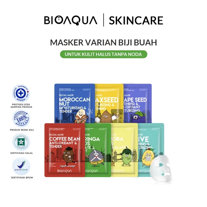 BIOAQUA Sheet Mask Masker Wajah Biji Buah Face Mask 25ml Grape Seed Whitening/Olive Soothing/Jojoba Seed Soft/Moroccan Nut Moisturizing/Coffee Bean Anti-Oxidant Masker Muka Masker Organik