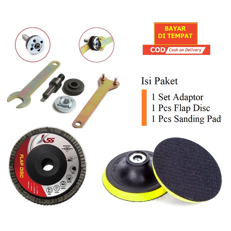 PAKET Adaptor Spindle Set Konektor  Bor Ke Gerinda + Dudukan Amplas Bulat + Flap Disc Amplas Susun
