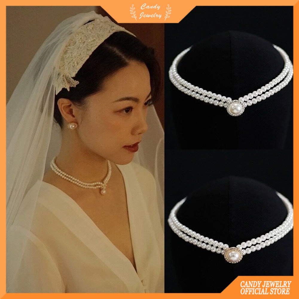 Vintage Hong Kong Gaya Oval Zamrud Hepburn Temperamen Perancis Double Layer Mutiara Kalung Kerah Rantai Anting Pengantin Set Permen Perhiasan