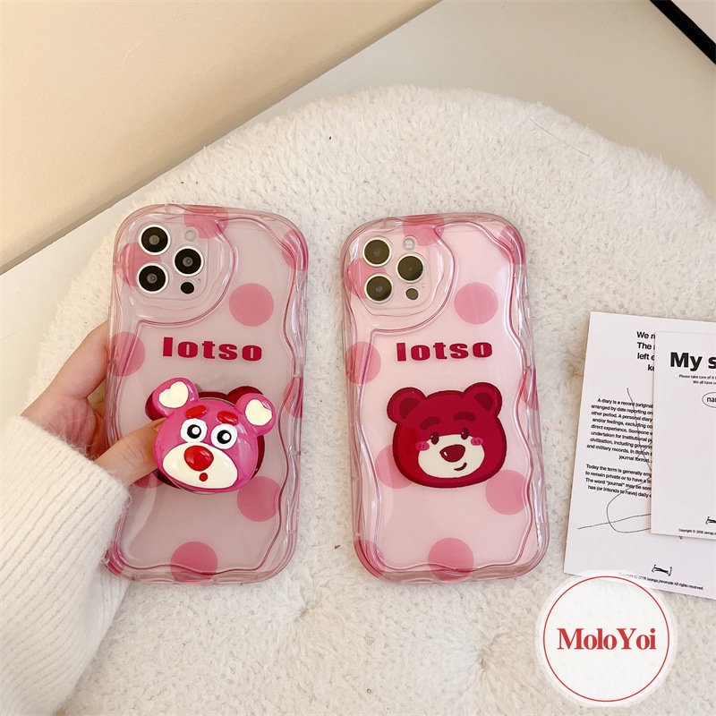 IPHONE 3d Wave Point Kartun Strawberry Bear Cute Case Kompatibel Untuk Iphone11 14 13 12 Pro Max 6 7 6s 8 Plus XR X XS Max 7Plus SE 2020 Wavy Curved Edge Glossy Shockproof Shell Cover