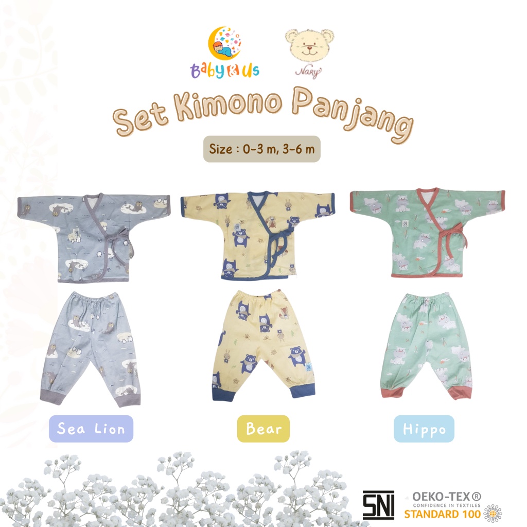 Kimono Panjang Set Nary Baby Print - Set Kimono Bayi Lengan Panjang Celana Panjang 0-3 3-6 bulan