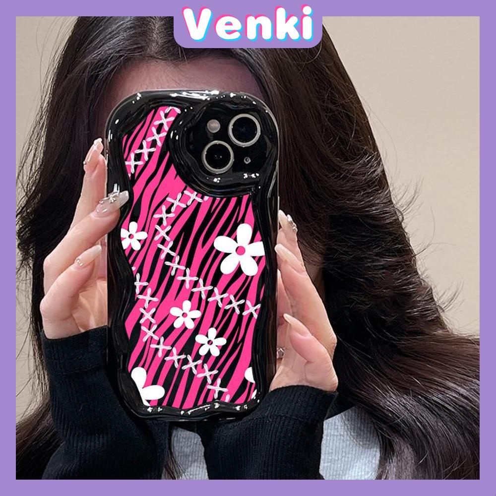 VENKI - For iPhone 11Phone Case Curved Edge Wave Case Glossy Black TPU Airbag Shockproof Camera Case White Floral Compatible with iPhone 14 13 Pro max 12 Pro Max xr xs max 7 8Plus