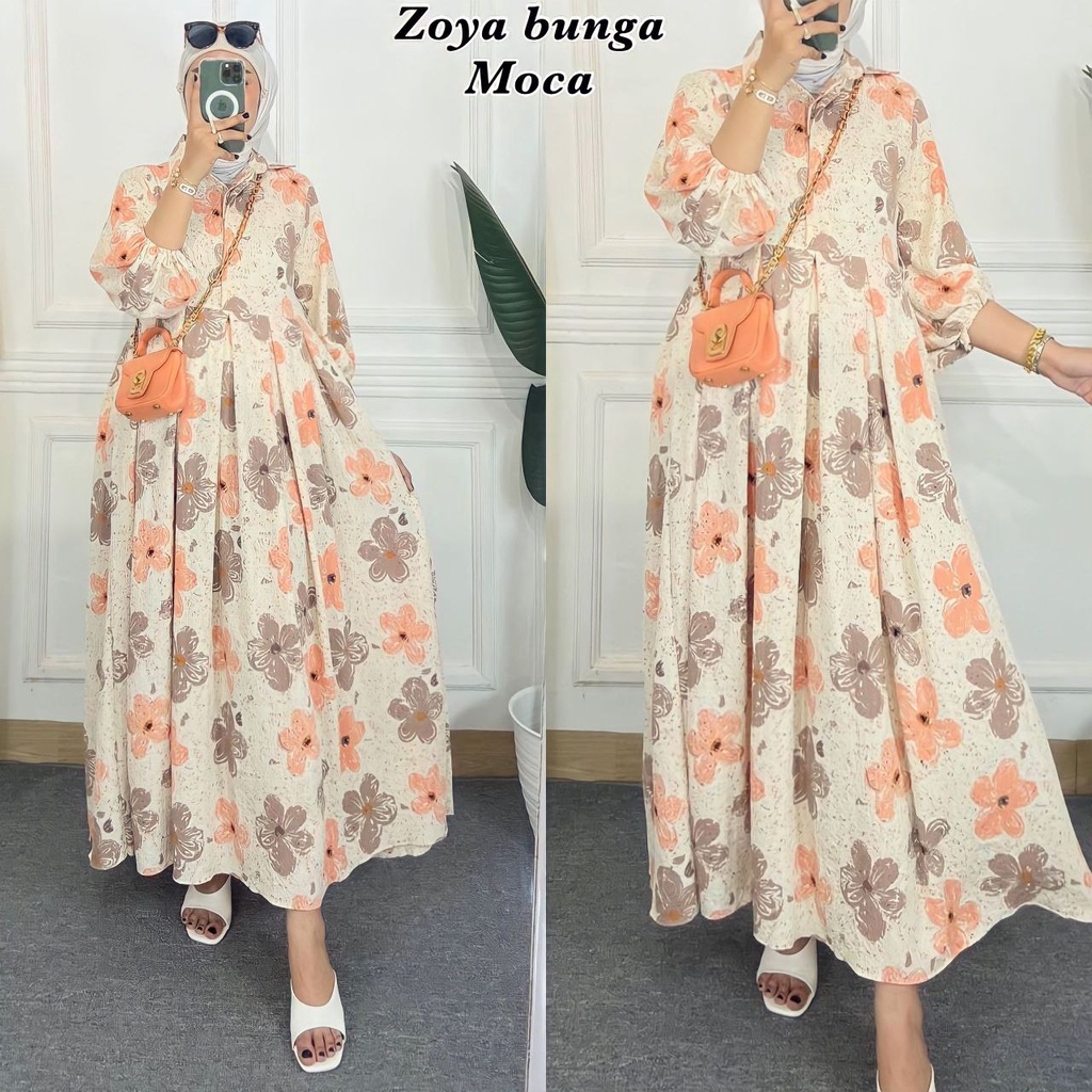 Zoyya Bunga Dress Wanita Crinkle Airflow Premium Gamis Terbaru Lengan Balon Panjang Baju Muslim Polos Kekinian LD 110 cm