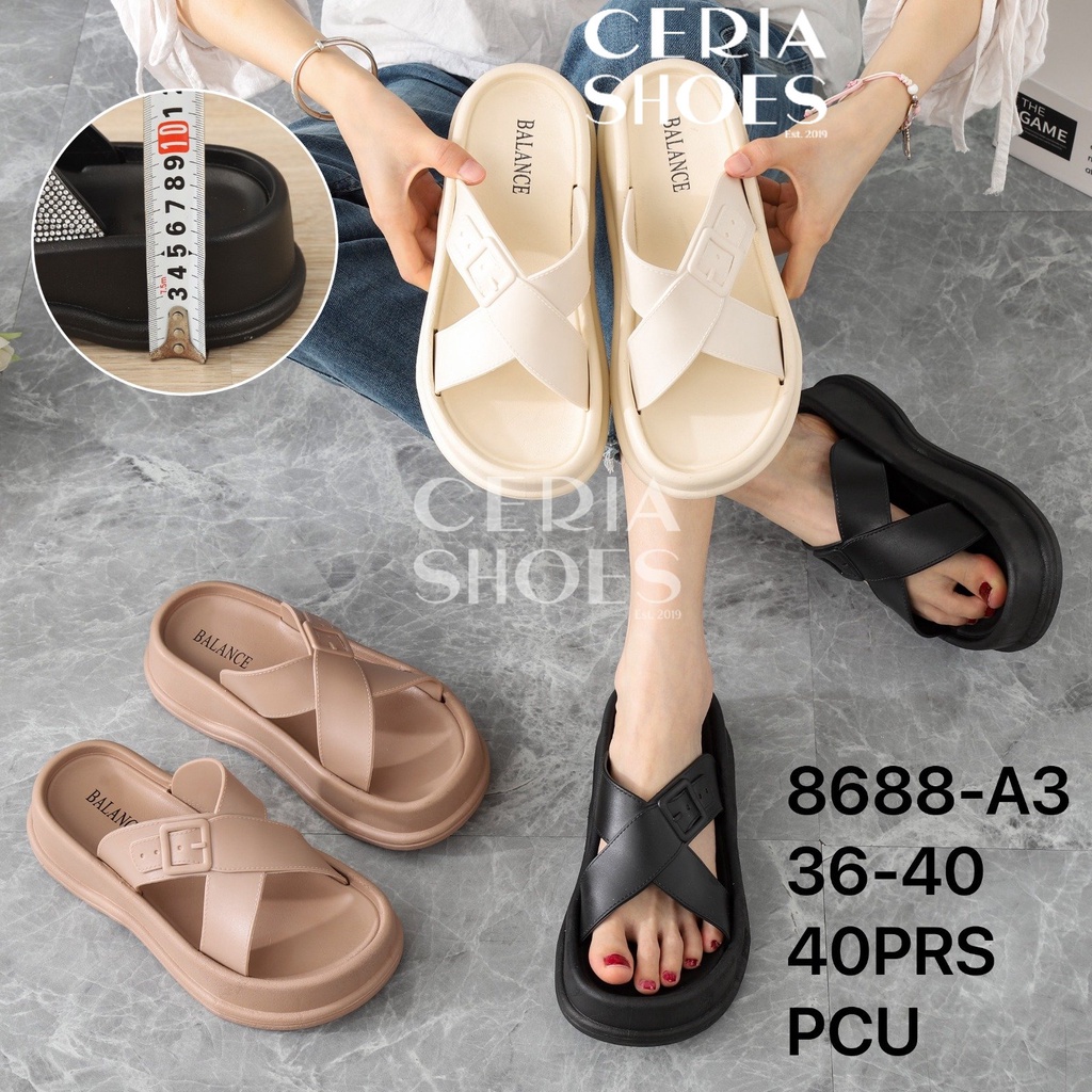 Sandal Slop PVC Karet Jelly Wanita Import Premium Motif Silang Gesper BALANCE 8688 - A3