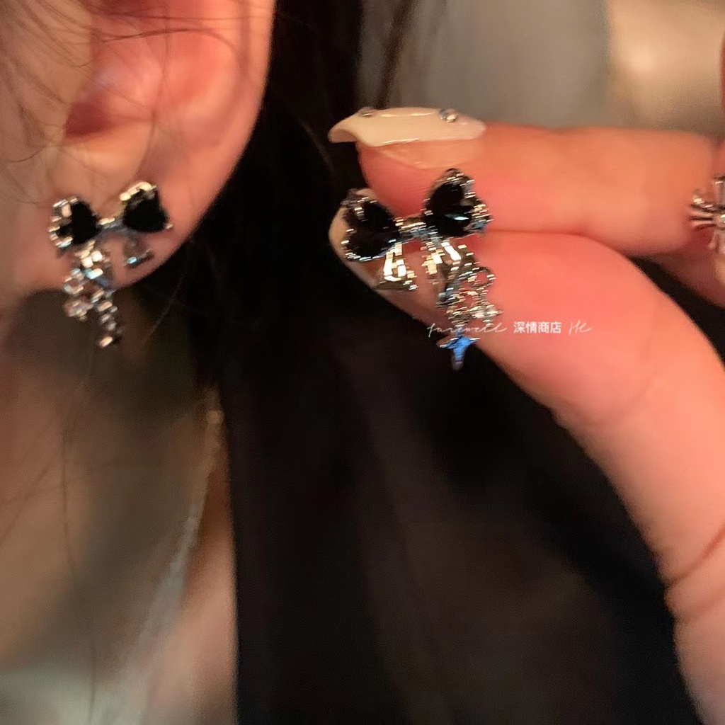 Y2k Bow Earring Anting Drop Kupu-Kupu Kristal Hitam Untuk Wanita Aksesoris Perhiasan Fashion