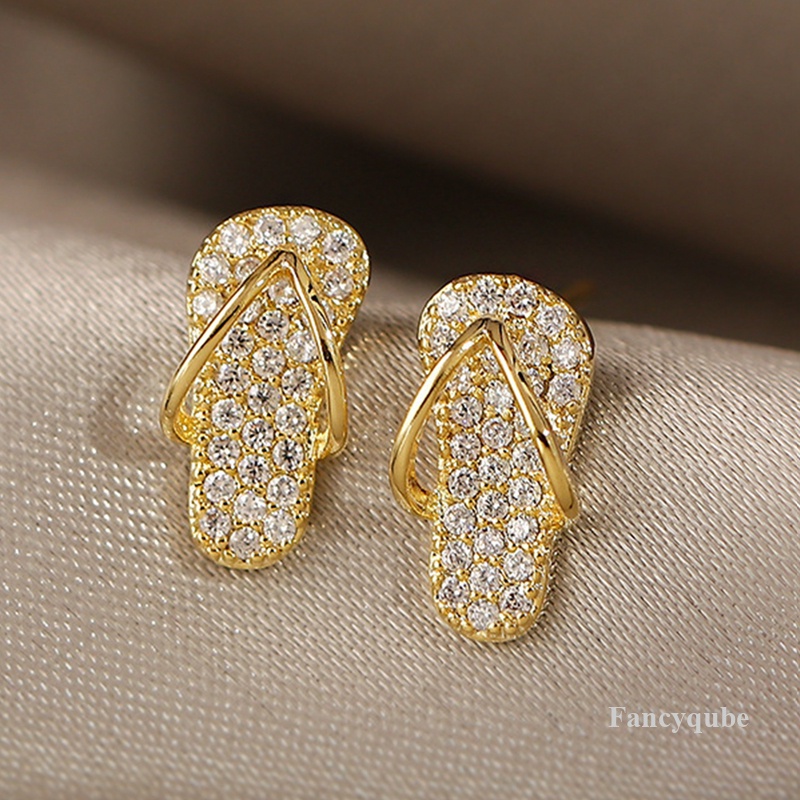 Lucu Mini Sepatu Slipper Zircon Stud Earrings Untuk Wanita Mewah Warna Emas Anting Tidak Biasa Korea Fashion Pesta Perhiasan