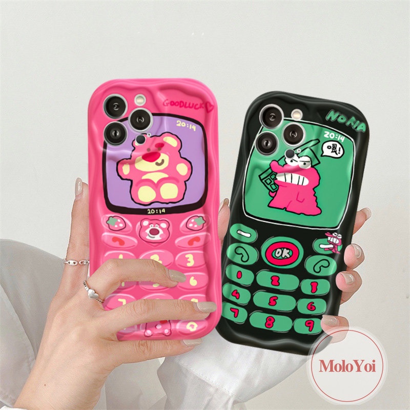 Case Beruang Strawberry Buaya Kartun Lucu Kompatibel Untuk IPhone XR XS X Max 6 6s 7 8 Plus 11 12 14 13 Pro Max SE 2020 Ponsel Kreatif Tombol Pasangan 3D Wavy Curved Edge Soft Cover