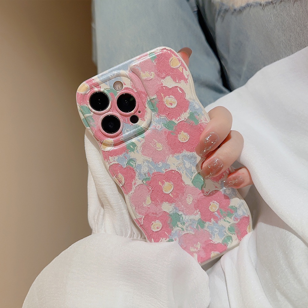 IPHONE Ins Lukisan Cat Minyak Cherry Pink Flowers Silicone Case Untuk Iphone14 11 12 13 PRO MAX Casing Cover Pelindung AT0313