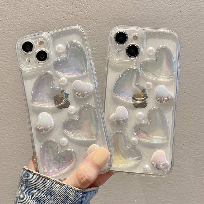 3D Crystal Laser Pearl Love Soft Case for IPhone 7 8 Plus X XS XR XS Max 11 13 12 14 PRO Max 14 Plus Clear Phone Case for Girl Women Gift