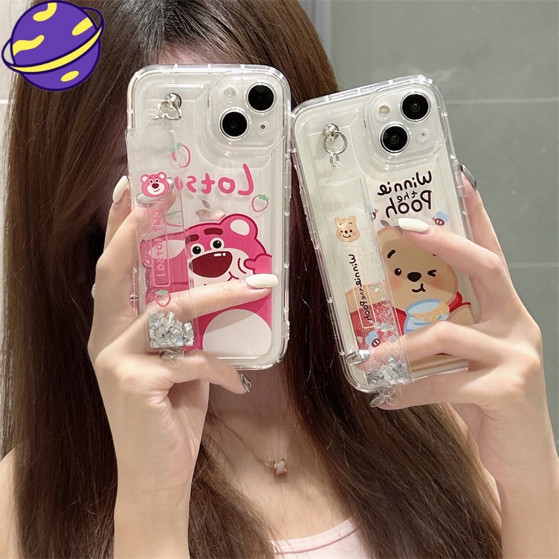 IPHONE Vinnie Bear Transparan Wrist Strap Soft Casing Cocok Untuk Iphone14 13 12 11 Pro Max Kartun Strawberry Bear Mengalir Pergelangan Tangan Strap Pelindung Case