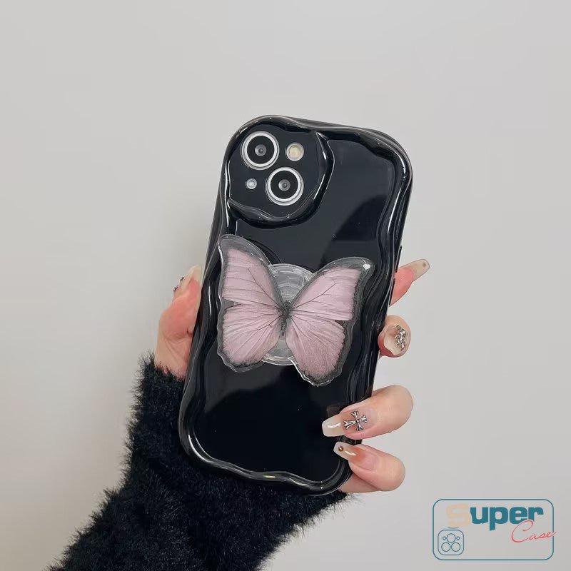 IPHONE Casing Ponsel Tepi Melengkung Bergelombang 3D Warna Solid Sederhana Kompatibel Untuk Iphone7 6 8 6s Plus 13 11xr 14 12 Pro Max X XS Max SE 2020 Fantasy Braket Kupu-Kupu Lipat Ring Holder Cover