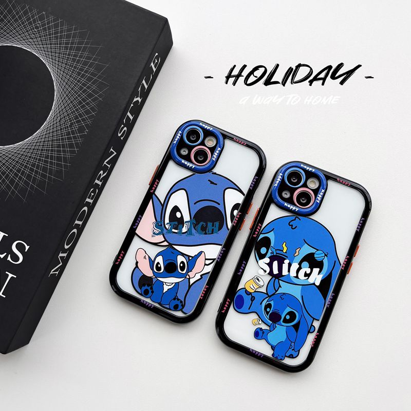 All New Cream Non-slip Camera Protect Soft Case IPhone X XR XS Max 11 12 13 14 Pro Max Women Girl Pretty Cute Blue STITCH Cartoon Phone Case