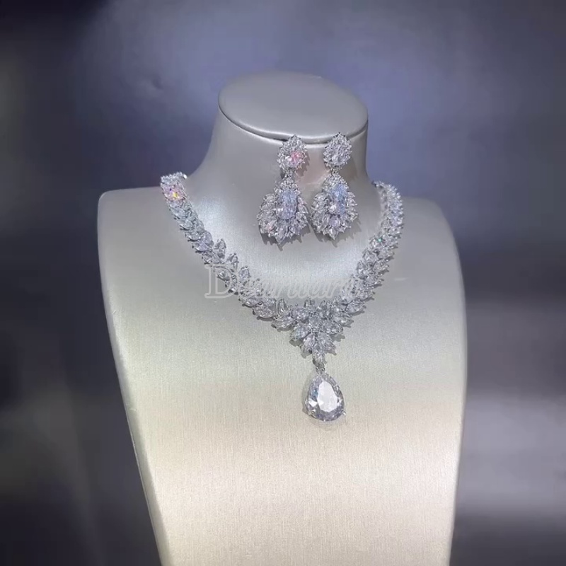 Set Perhiasan Kristal Zirkon Mewah Pernikahan Pengantin Kalung Anting Kit