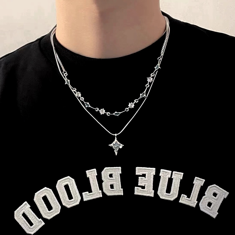 Blue Starmount Double Layer Necklace Aksesoris Gaya Hip Hop Kepribadian Rantai Klavikula