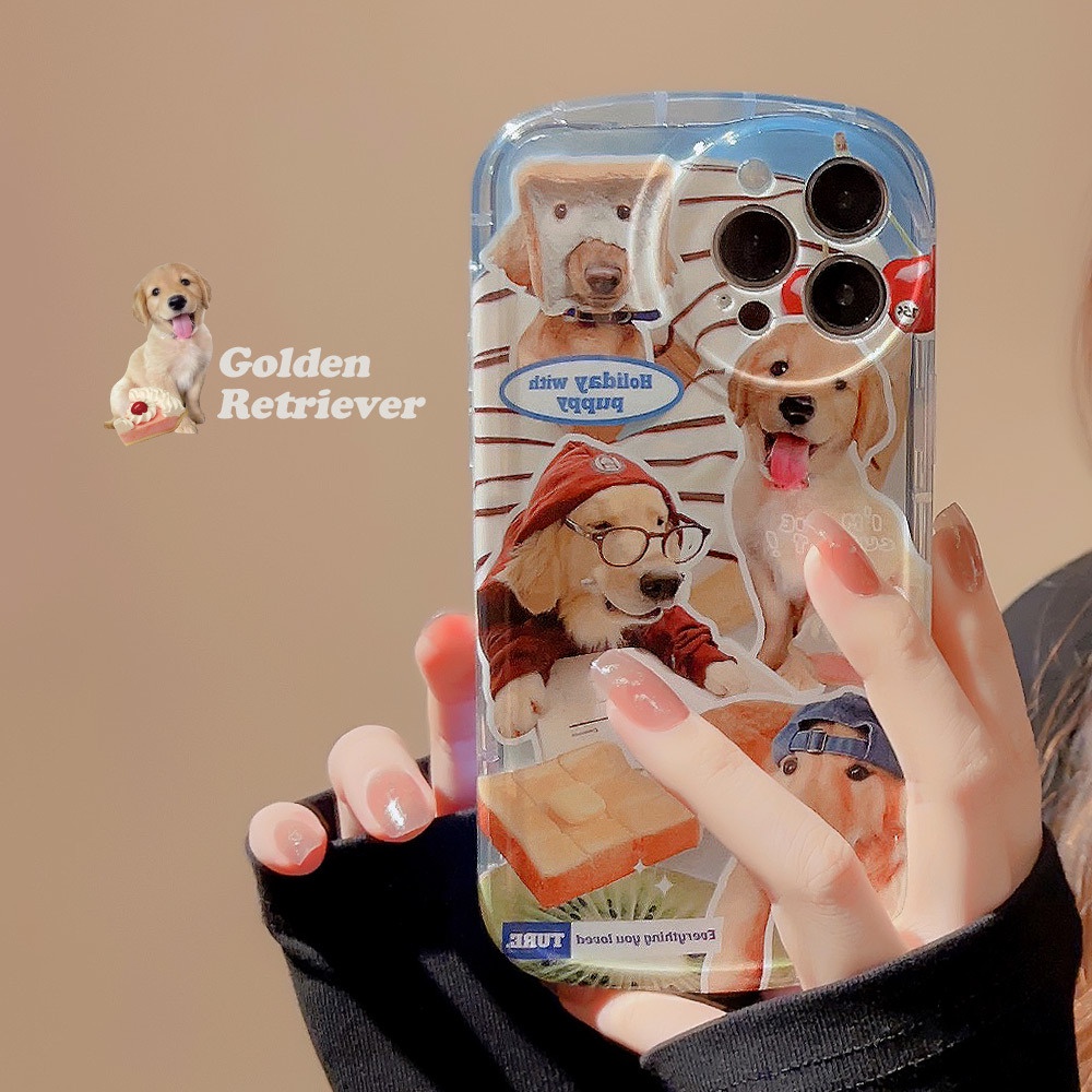 IPHONE Lucu Golden Retriever Anjing Anjing Bulat Pelindung Lensa Kamera Shockproof Phone Case IMD Cover Untuk Iphone11 12 13 14 PLUS PRO MAX