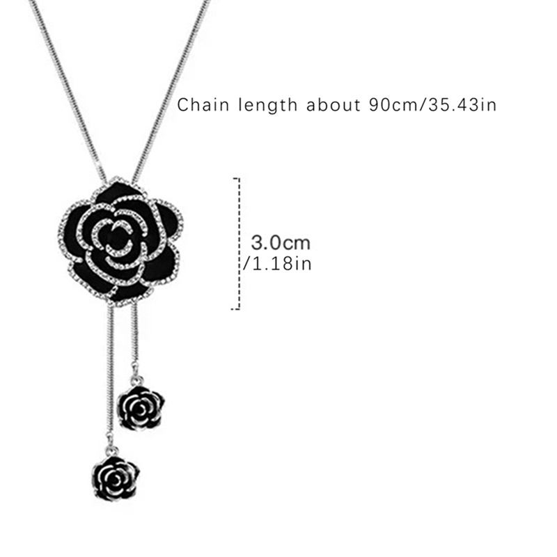 Fashion Hitam Mawar Kalung Panjang Untuk Wanita Retro Kualitas Tinggi Berlian Bunga Liontin Klavikula Rantai Perhiasan
