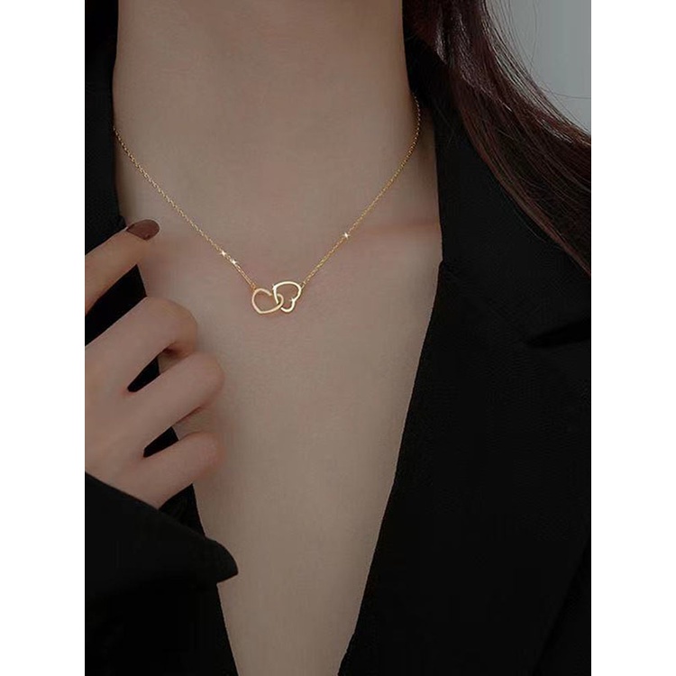 925 Sterling Silver Double Heart Choker Necklace Untuk Wanita Gadis Pesta Klavikula Rantai Kalung Hadiah Perhiasan