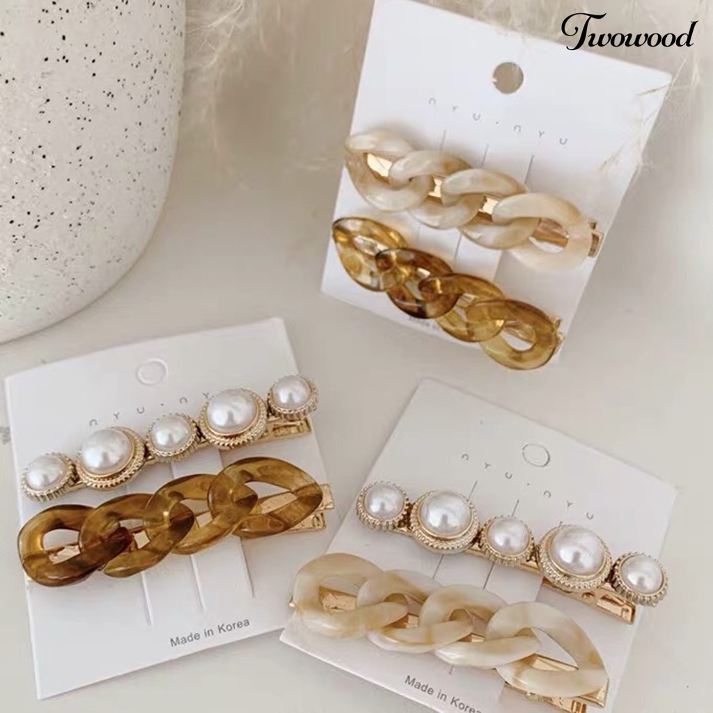 Twowood 2pcs/Set Wanita Jepit Rambut Mutiara Imitasi Non-slip Bentuk Rantai Geometris Ringan Hiasan Transparan Gadis Rambut Dekorasi Hair Clips Aksesoris Rambut