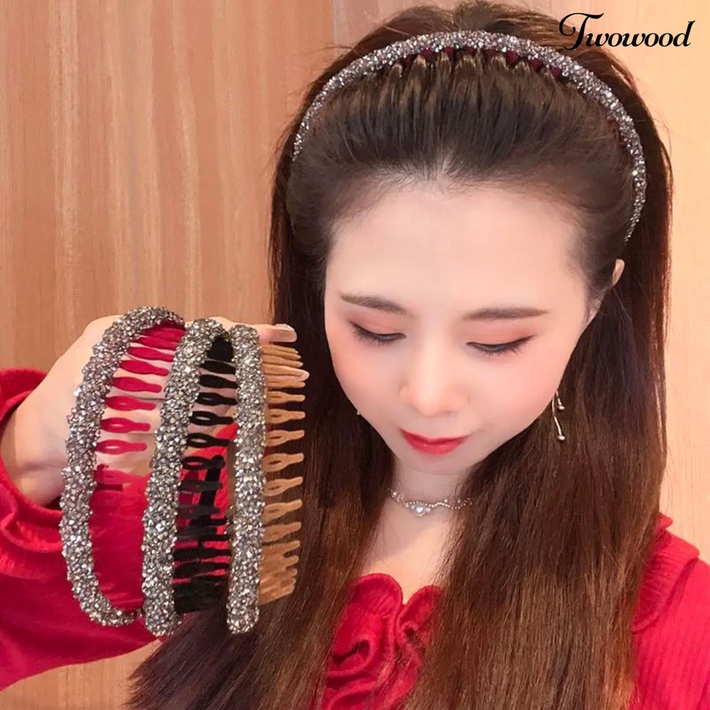 Twowood Lady Wavy Headband Non-slip Berlian Imitasi Mengkilap Bergigi Narrow Band Rambut Bezel Cuci Muka Lady Hair Hoop Aksesoris Rambut