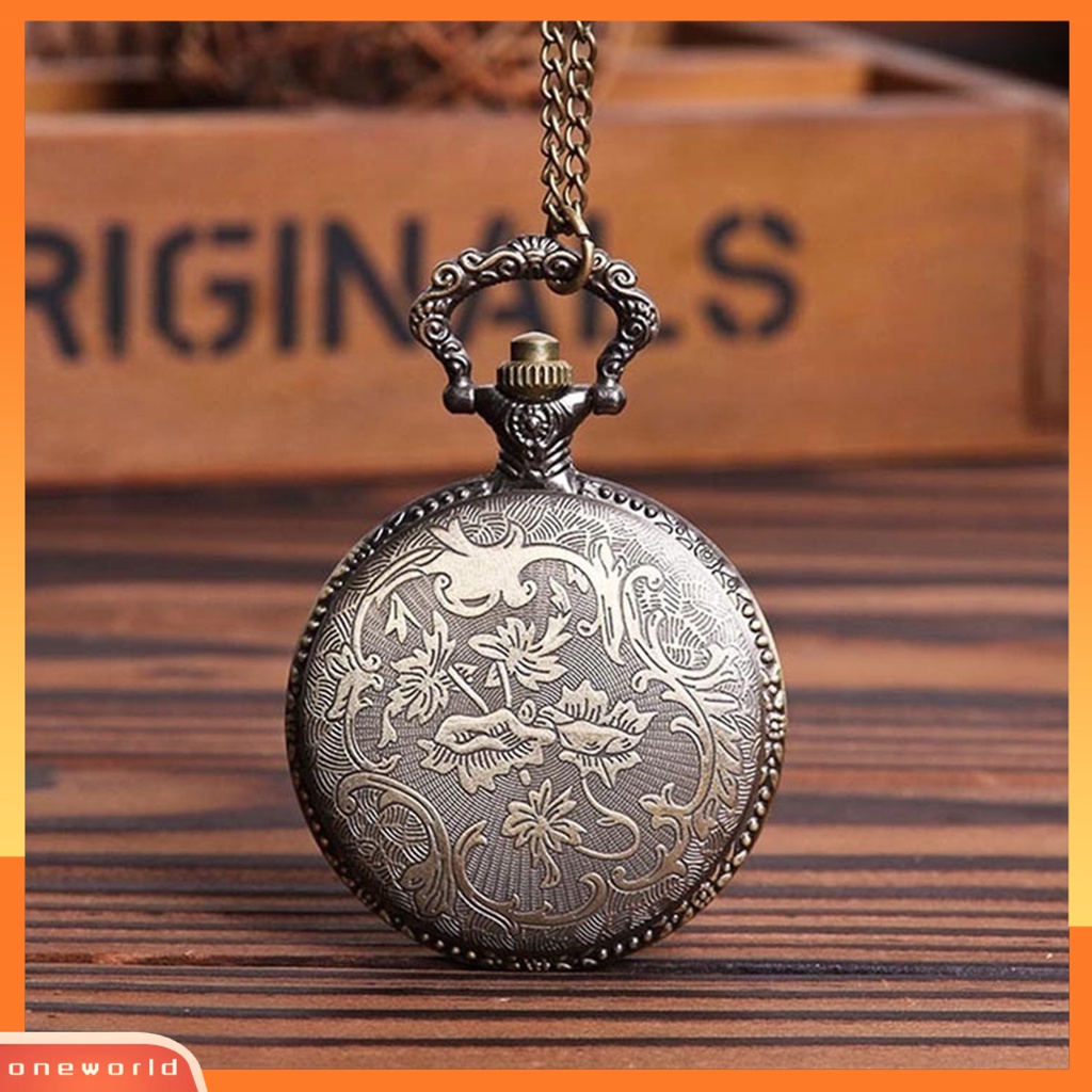 [WOD] Retro Vintage Berongga Serigala Bunga Ukir Liontin Kalung Kuarsa Saku Menonton