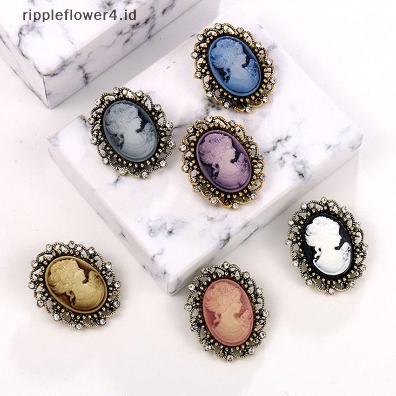 {rippleflower4.id} Bros Kepala Patung Cameo Bros Berlian Imitasi Gaya Gothic Vintage Untuk Wanita~
