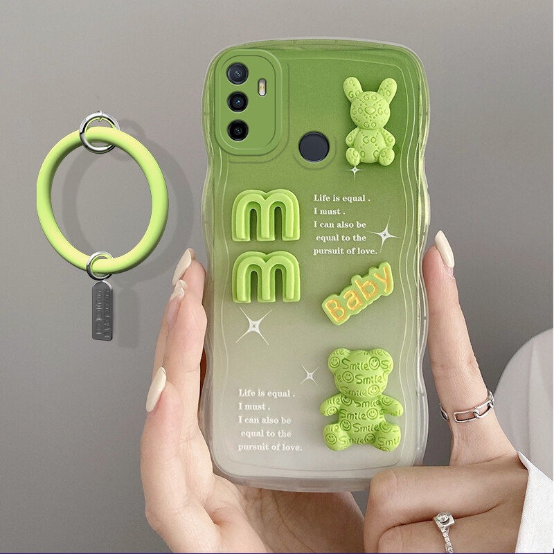 Andyh OPPO A32 A33 A53 2020 A53S A11S 2021case 3D Cute Bear+ Gelang Warna Solid Fashion Premium Gradient Soft Phone Case Silikon Shockproof Casing Pelindung Penutup Belakang