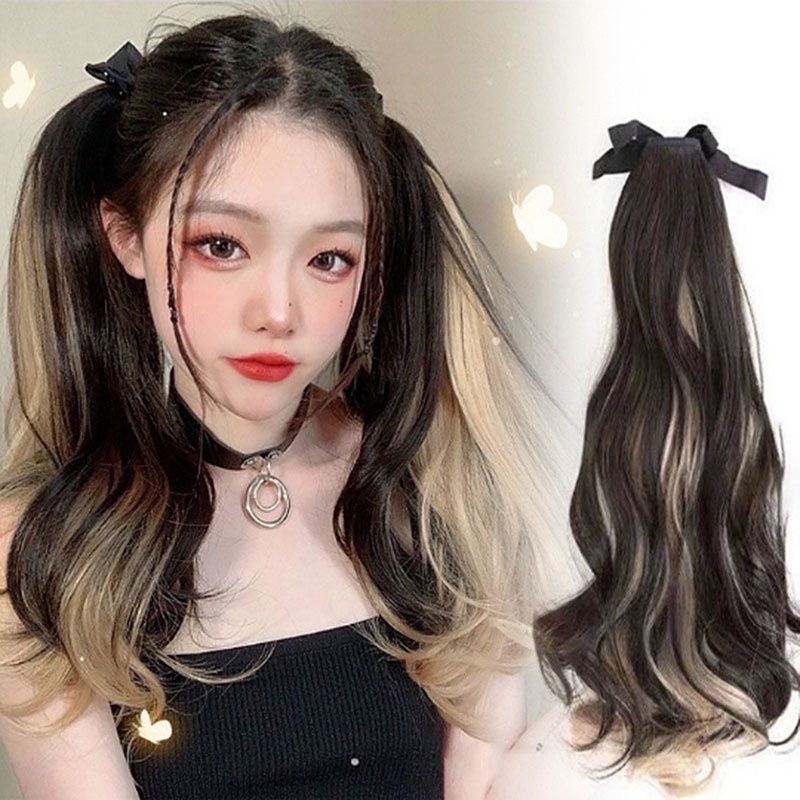 1pcs Y2k Gradient Haze Blue and Gold Rambut Panjang Bergelombang Ponytail Wig Untuk Wanita Aksesoris Rambut 50cm