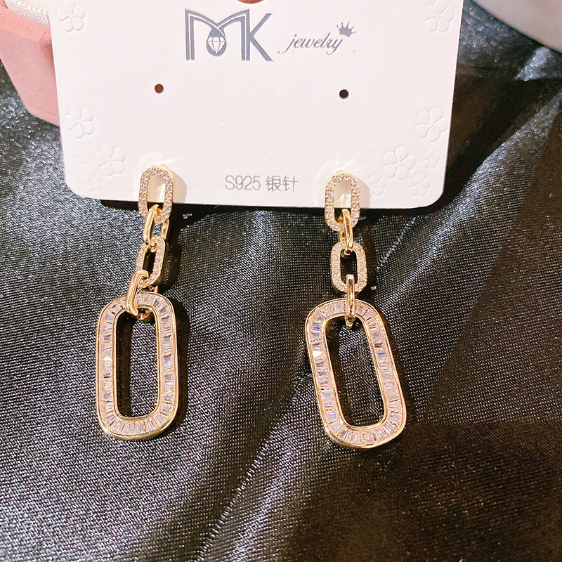 Gaya Korea Micro-set Zirkon Rantai Anting Perak Panjang Pin Stud Earrings Wanita