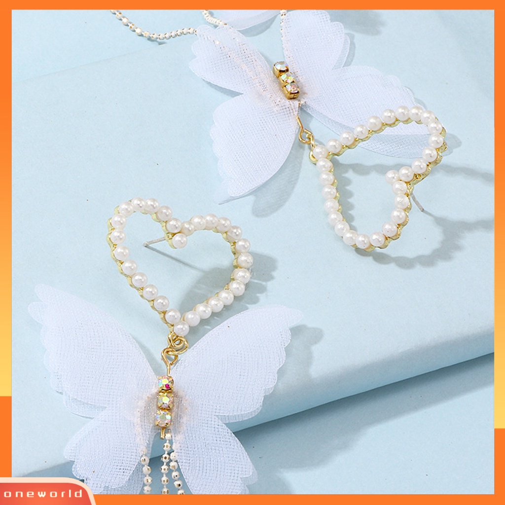 [WOD] 1pasang Anting Drop Alloy Hias Fashion Mutiara Imitasi Butterfly Heart Drop Earrings Untuk Liburan