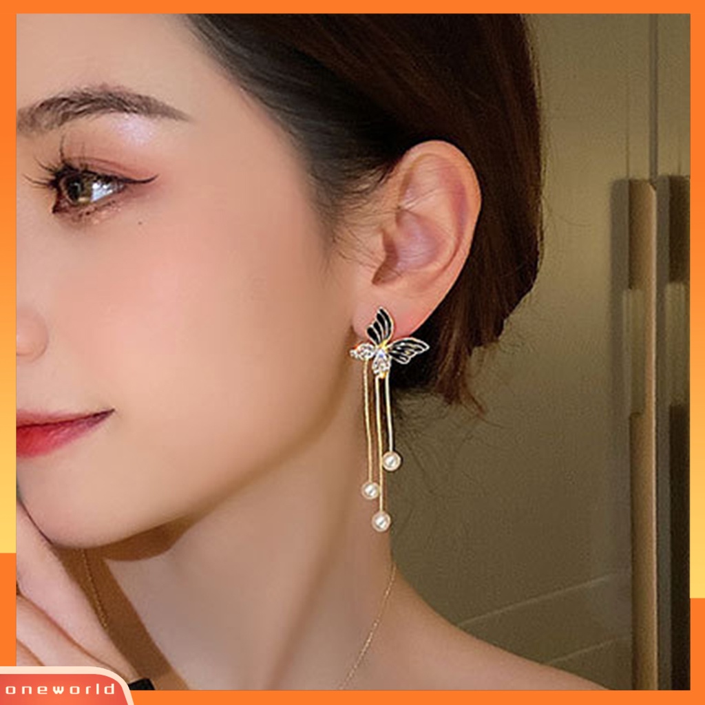 [WOD] 1pasang Anting Menjuntai Mutiara Imitasi Rumbai Berlian Imitasi Mengkilap Bertatahkan Temperamen Semua Pertandingan Perhiasan Hadiah Multi-Wear Wanita Fashion Kupu-Kupu Studs Earrings Untuk Pakaian Sehari-Hari