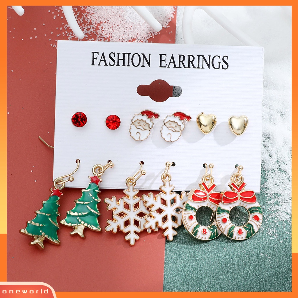 [WOD] 6pasang/set Anting Natal Meriah Enamel Geometris Mengkilap Electroplating Dekorasi Perhiasan Hadiah Pohon Xmas Elk Snowman Santa Claus Ear Studs Menjuntai Earrings