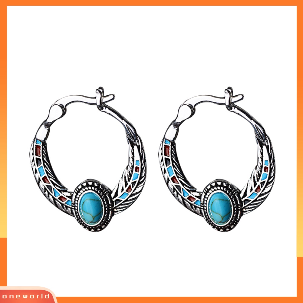 [WOD] Vintage Wanita Faux Turquoise Hias Bulu Menjuntai Hoop Earrings Perhiasan Hadiah